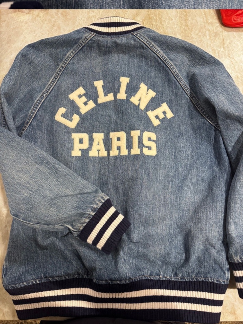 SOLD 🏆Celine Denim Embroidered Varsity Jacket with Blue & White Cuff Trim Size M